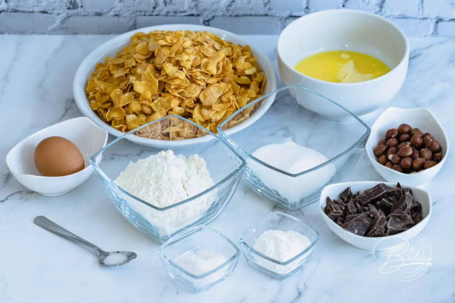 Zutaten - Knusprige Cornflakes-Kekse mit Schokolade - selbst gemacht - Rezept für schnelle Kekse mit Cornflakes, Schokolade und Nüssen - Knusperkekse und knusprige Kekse - Beste Cornflakes-Kekse Rezept - Leckere und knusprige Cornflakes Kekse mit softem Kern und Crunch durch Cornflakes